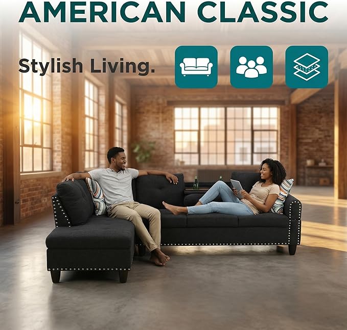 L-Shaped Sectional Couch with Cup Holders, Living Room Sofa with Lounge Chaise, Modern 4 Seater Sofa Couch for Living Room, Small Apartment & Office, Black Gray