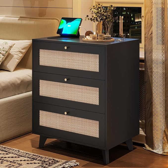 AOGLLATI Rattan Nightstand with Charging Station, Night Stand with 3 Drawers and 2 USB Ports and 2 AC Outlets, Rattan Black Bedside Table with Metal Handle, Wood Boho End Table for Bedroom - Image 8