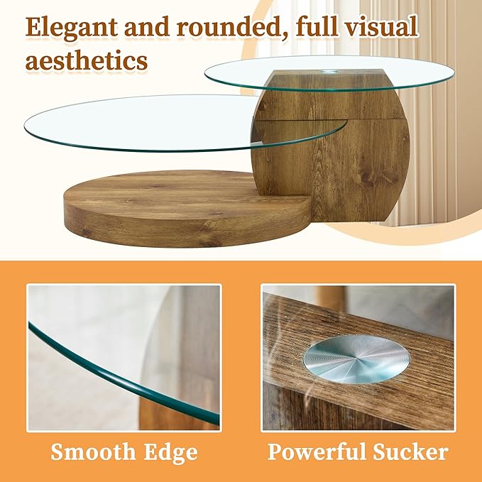 Ebullient Glass Coffee Table, 42" Round Coffee Table, 2-Tier Glass Tabletop with Dark Wood Base, Easy to Maintain and Assemble, Ideal for Dining Room, Living Room