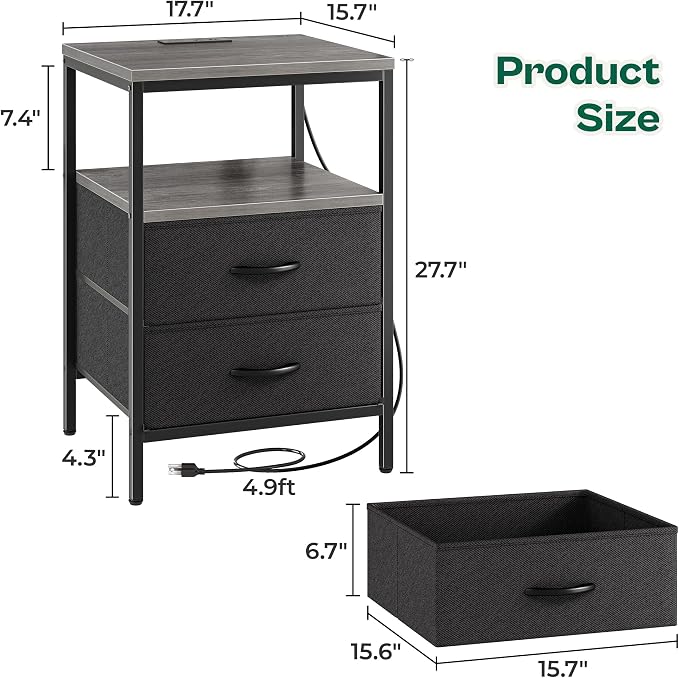 Huuger Night Stand with Charger Station, 27.7 Inch Tall Nightstand, Bed Side Table with 2 Fabric Drawers, Fabric Drawer Dresser for Bedroom, Living Room, Grey - Image 3