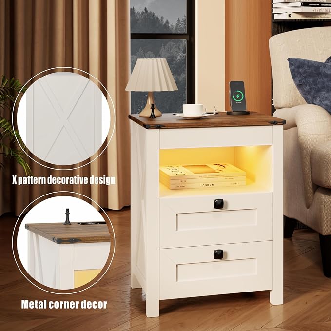 TAGELIER Night Stand Set 2 with Gun Drawer, Farmhouse Bedside Table with Charging Station, Gun Nightstand with LED Light & Human Sensor, Smart End Table for Bedroom, Antique White - Image 5