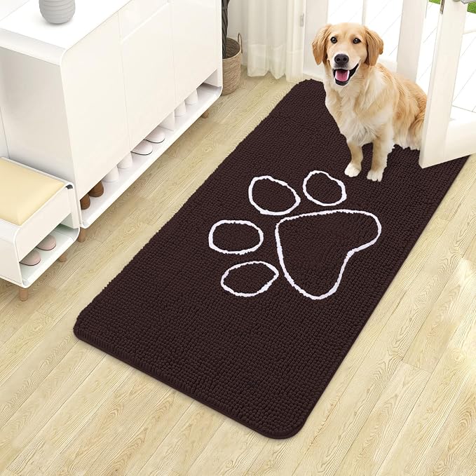 OLANLY Dog Door Mat for Muddy Paws 40x24, Paw Print Design, Absorbs Moisture and Dirt, Absorbent Non-Slip Washable Doormat, Quick Dry Chenille Mud Mat for Dogs, Entry Indoor Entryway Carpet, Brown by OLANLY