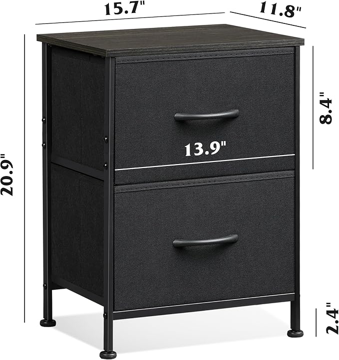 WLIVE Black Night Stand, Small Dresser with 2 Drawers & Wooden Top, Nightstand with Fabric Bins, Bedside Table End Table for Bedroom, Closet, Entryway, College Dorm, Charcoal Black - Image 3