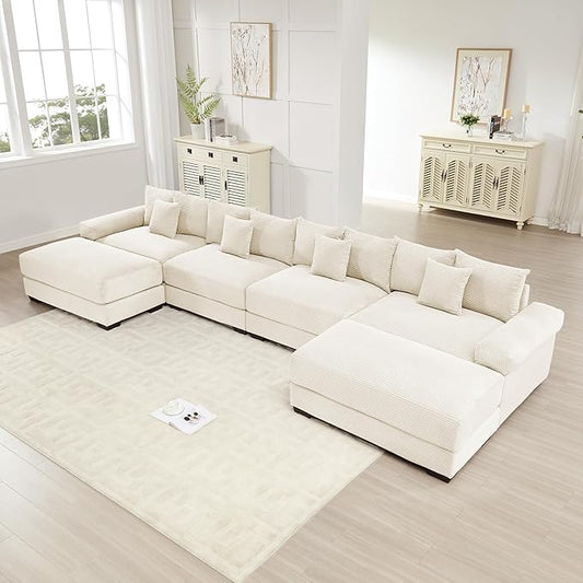 KEIKI 168" U-Shaped Oversized Corduroy Modular Cloud Sectional Sofa with 2 Ottoman, High-Density Foam Cushion, Extra-Thick Armrest, 4-Seater Fluffy Corner Couch with 12 Pillow, for Living Room, Beige