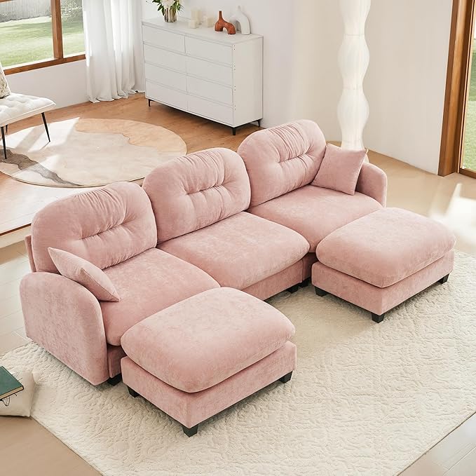 KEIKI 107" U-Shaped Oversized Chenille Modular Sectional Sofa with 2 Ottoman, High-Density Foam Cushions, Tufted Pleated Cushion Backrest, Modern 3-Seater Couch with 2 Pillow, for Living Room, Pink
