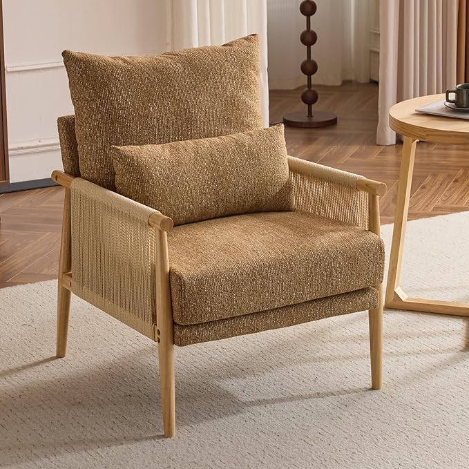 Karl home Cozy Chenille Accent Chair with Lumbar Pillow & Rattan Arms Modern Lounge Chair for Living Room, Bedroom, Reading Nook, Khaki