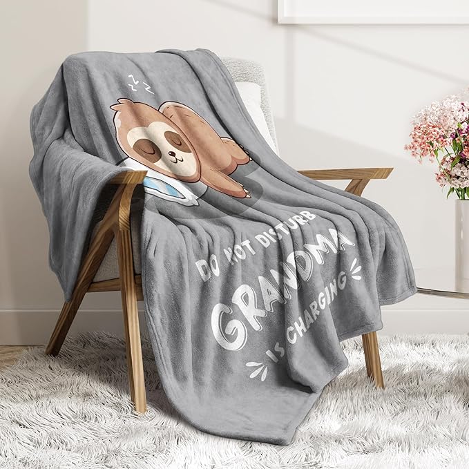 Funny Gifts for Grandma, Grandma is Charging Sloth Blanket, Birthday Gifts for Grandmas from Grandkids,Grandmas Gitts for Mothers Day Christmas, Soft Sloth Blanket for Grandmother, Grey, 60" x 50"