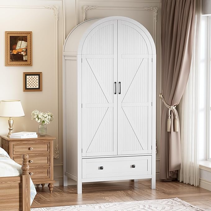 PAKASEPT Armoire Wardrobe Closet with Drawers and 2 Arched Fluted Doors, 70.9‘’ Tall Wooden Bedroom Armoire with LED Light & Shelves and Hanging Rod (White)