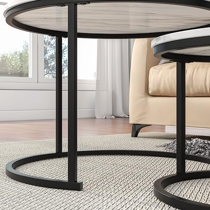 HOJINLINERO Round Coffee Table,Nesting Coffee Table Set of 2,Center Tables for Living Room,Office, Home Small Space,Stacking Side Tables,Sturdy and Easy Assembly,Wood Desktop,Black+White,Large