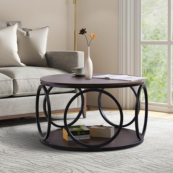 BECHAEO 31.5" Round Coffee Table with Storage, 2 Tier Vintage Coffee Table for Living Room, Industrial Design Wood Top & Metal Legs-Modern Accent Cocktail Tables for Home Office