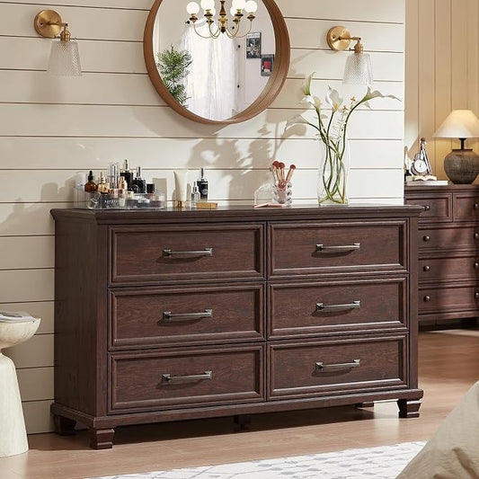 SAVOR LIFE Farmhouse Espresso 6 Drawer Dresser for Bedroom, 54 inch Wide Vintage Large Chest of Drawers with Wood Legs, Rustic TV Console for Living Room, Walnut Wooden Storage Closet Dressers by SAVORLIFEFurniture