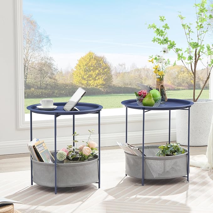 VECELO Round Side/End Table with Fabric Storage Basket，Metal Anti-Rust and Waterproof Small Bedside Nightstand with Removable Tray Top for Living Room，Balcony & Laundry，Blue /2pcs with Basket - Image 4