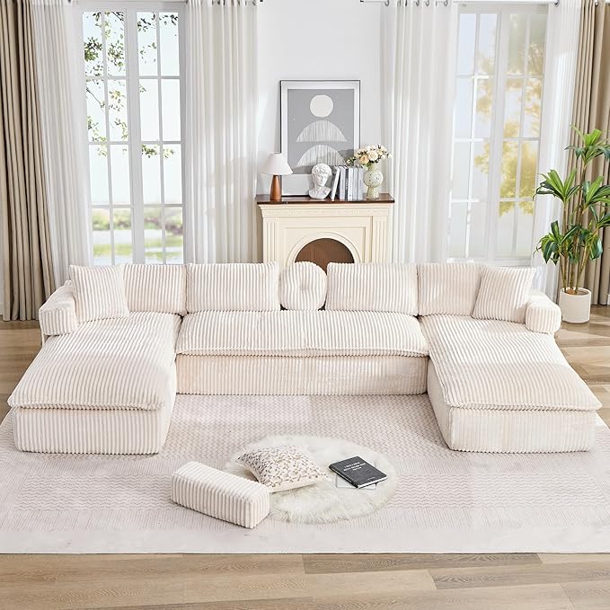 149" Oversized U Shaped Cloud Modular Sectional Sofa Boneless Couch with Double Chaise,Free Combination Convertible Floor Sofa Bed with Storage Pockets and Pillows | No Assembly