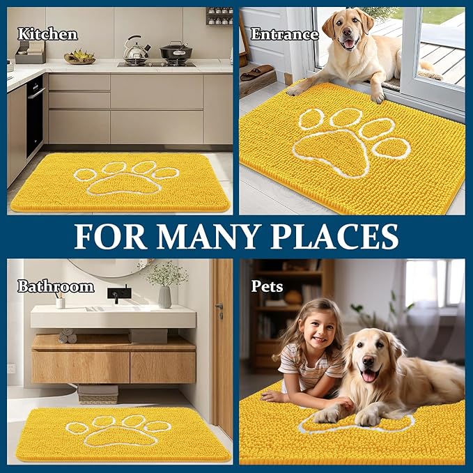 OLANLY Dog Door Mat for Muddy Paws 36x24, Paw Print Design, Absorbs Moisture and Dirt, Absorbent Non-Slip Washable Doormat, Quick Dry Chenille Mud Mat for Dogs, Entry Indoor Entryway Carpet, Yellow - Image 8