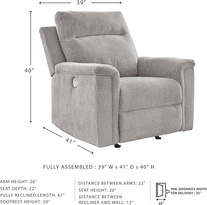 Signature Design by Ashley Barnsana Casual Power Recliner with Rocking Motion and USB Port, Light Gray