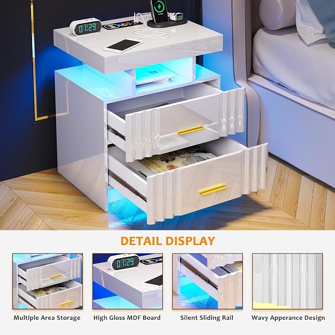 Night Stand Set of 2 with RGB Lights, LED Nightstand with Charging Station, Modern Bedside Table with 2 Drawers, Smart Lighted Nightstand, High Gloss End Table Bed Side Table, White - Image 7