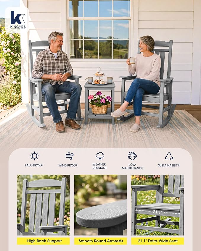 KINGYES Oversized HDPE Outdoor Rocking Chair, All-Weather Patio Rocking Chair, Weather Resistant Porch Rocker for Adults, Light Gray - Image 6