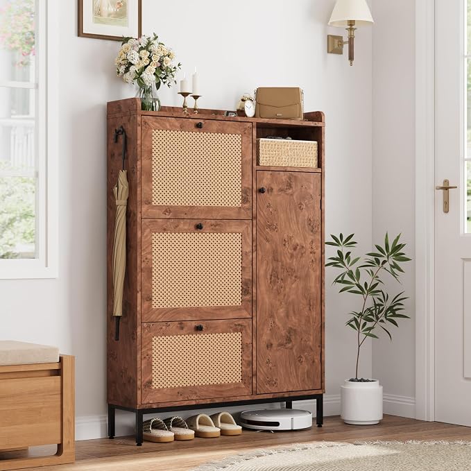 GarveeHome Shoe Cabinet Rattan with 3 Flip Drawers and 4-Tier Shoe Storage Cabinet, Freestanding Shoe Organizer with Adjustable Shelves for Entryway, Closet, Hallway (Tree Pomegranate) - Image 3