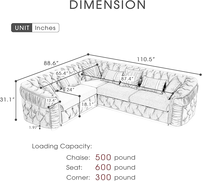 KEIKI 111" L-Shaped Luxury Velvet Chesterfield Sectional Sofa with Gold Stainless Steel Accents and 7 Pillows, Mid-Century Oversized 5-Seater Button Tufted Couch, Easy Assembly, for Living Room, Beige