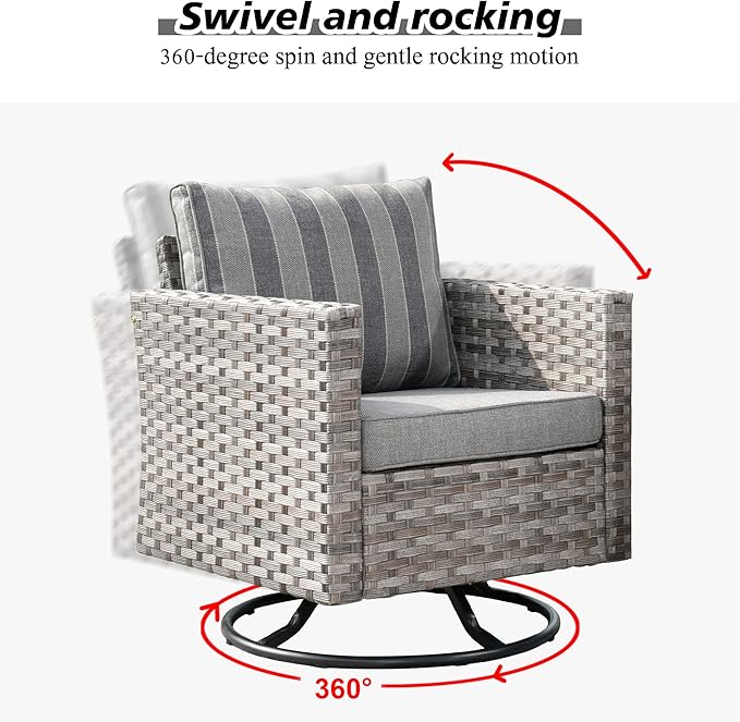 HOOOWOOO 9 Piece Modular Patio Outdoor Sectional Furniture Set with Large Propane Fire Pit Table,Wicker Conversation Sofa Set with Swivel Chairs,Outside Couch Set(Grey Stripes)