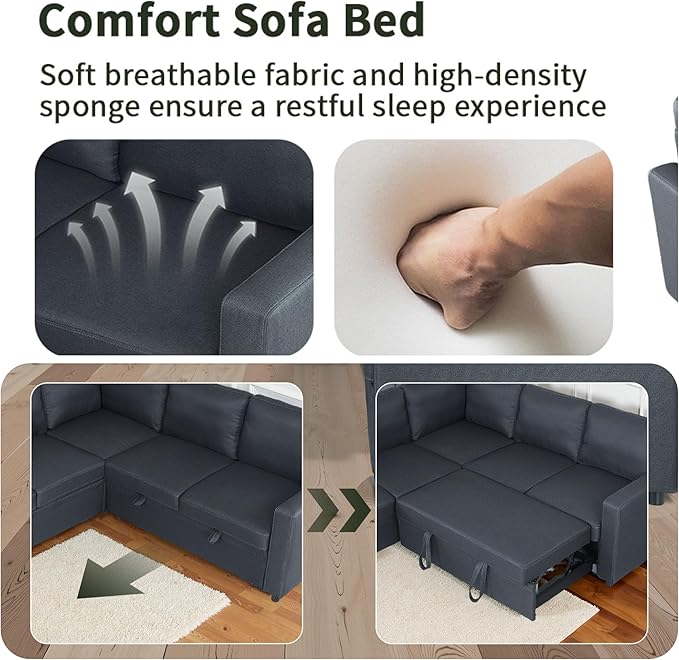 Sectional Sleeper Sofa with Pull Out Bed, L Shaped Pull Out Couch with Storage Chaise, 5 Seats Convertible Couch Bed for Apartment, Living Room, Dark Gray