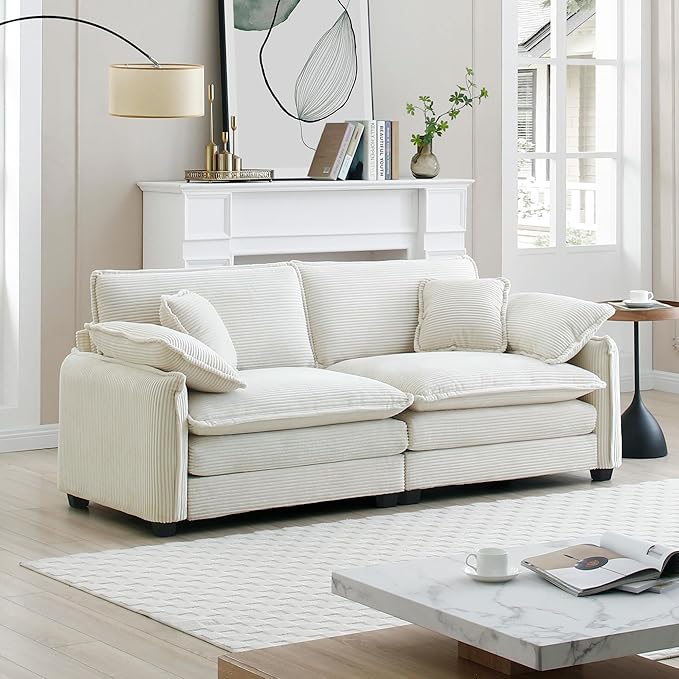 KEIKI 81" Oversized Corduroy Modular Sectional Loveseat Sofa with High-Density Foam Cushions, Removable Armrests, Upholstered Modern 2-Seater Fluffy Corner Couch with 4 Pillow, for Living Room, Beige