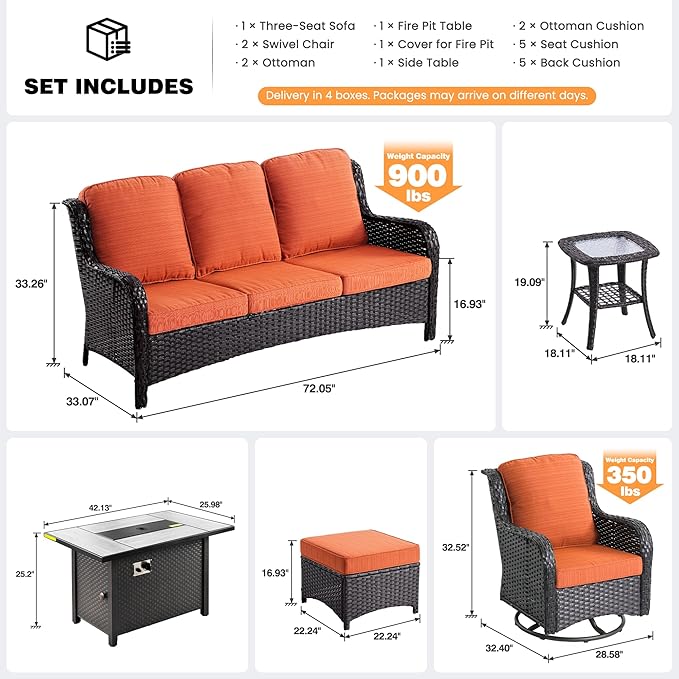 ovios 7-Piece Patio Furniture Set with Swivel Chairs Coffee Table, Outdoor Wicker Sofa with 42" Fire Pit Table, High Back Couch Modern Conversation Sets, Brown/Orange Red