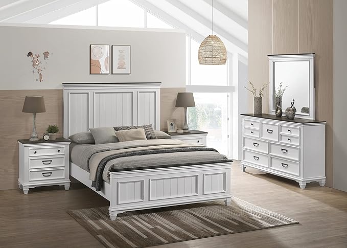 Clelane Wood Bedroom Set with Shiplap Panel Queen Bed, Dresser, Mirror, and Two Nightstands in Weathered White and Dark Gray