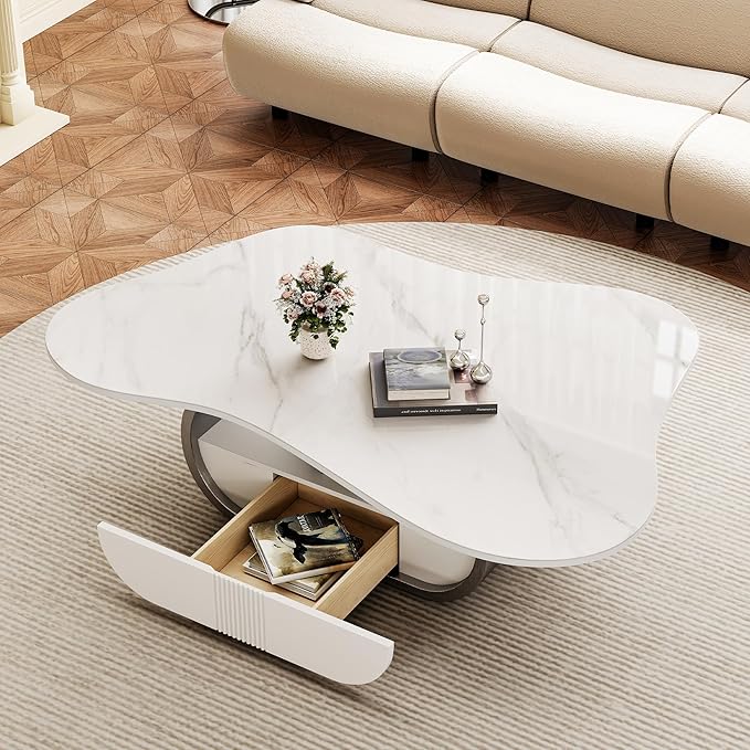 Glintee 41.7 Inch Marble Coffee Table with Storage Drawer, Modern Butterfly Design, Sintered Stone Top and Gray Stainless Steel Base for Living Room, Scratch Resistant and Easy Assembly