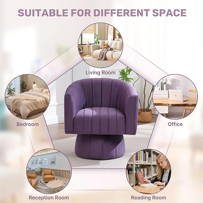 Swivel Accent Barrel Chair, Cute Comfy Small Round 360° Arm Chair. Velvet Club Reading Chair for Living Room, Bedroom, Office Purple