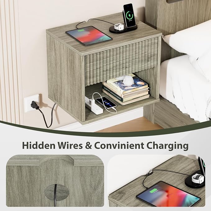VINGLI Floating Nightstand Set of 2 Gray Fluted Nightstands with 1 Drawer, Grey Night Stand for Bedroom, Wood Bed Side Table, Fluted Nightstand End Table for Bedroom and Living Room - Image 5