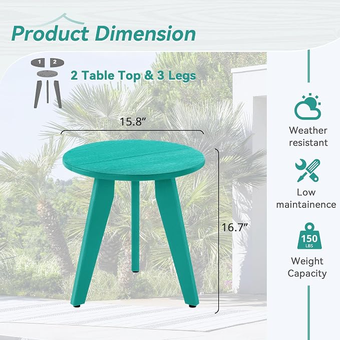 HDPS Outdoor Side Table, Small Round Side Table Weather-Resistant, Outdoor Side Tables for Patio, Porch, Deck, End Table for Plant Stand, Living Room, Bedroom, Turquoise - Image 3