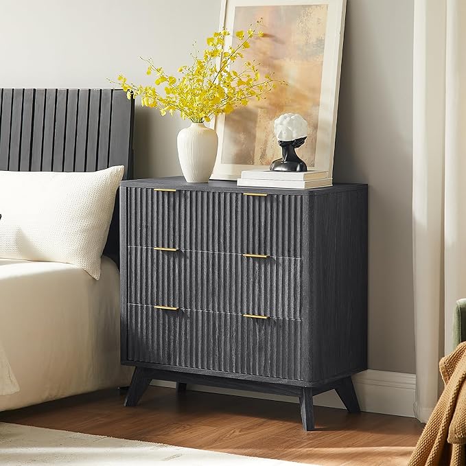 T4TREAM Fluted 3 Drawers Nightstand Set of 2, Oversized Extra Large Modern Side Table, End Table Bedside for Bedroom, Living Room, Curved Profile Design, Dark Alder - Image 2