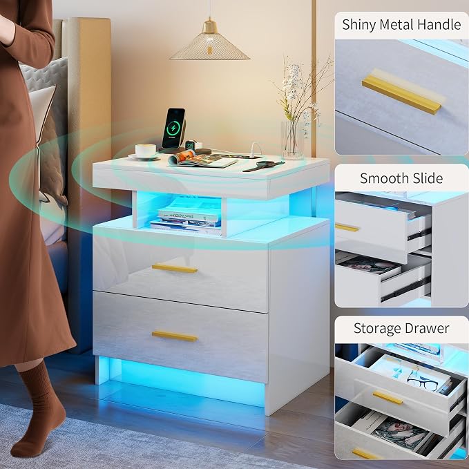 Smart Night Stand with Charging Station, Modern White Nightstand with 24 Color Lights and 2 Drawers, LED Bedside Tables with Auto Senor,High Gloss End Table for Bedroom - Image 6