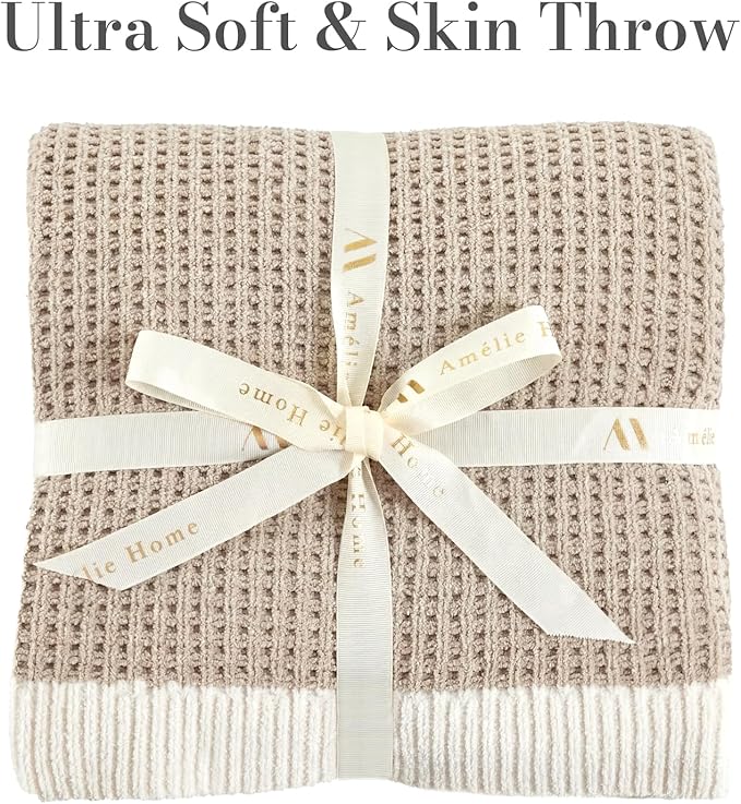 Amélie Home Chenille Throw Blanket, Soft Cozy Waffle Throw for Couch & Sofa, Warm Yet Lightweight, Breathable All-Season Throws for Women Men, Housewarming, Birthdays, 60"x80", Beige