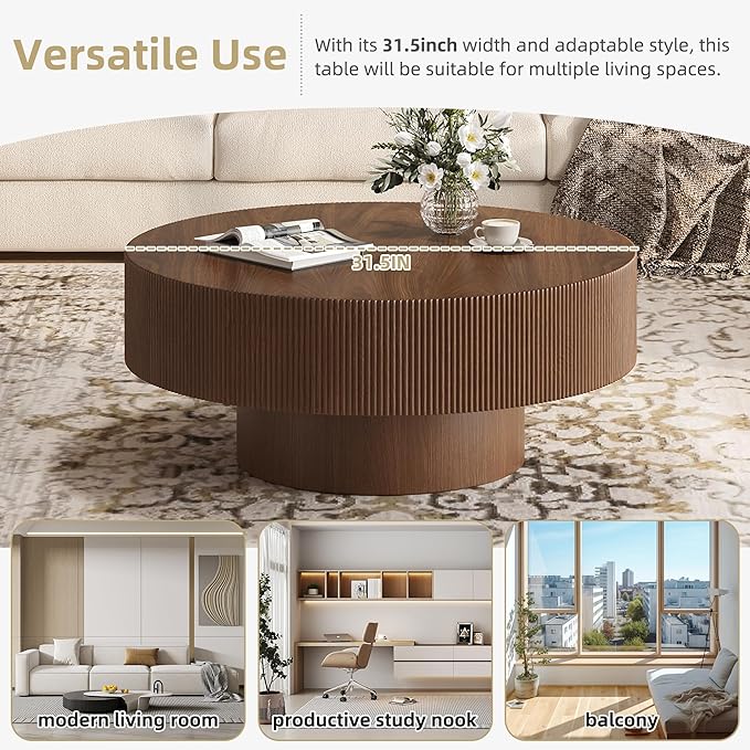Merax Modern Round Coffee Table with Sturdy Base, Wood Sofa Center Tables for Living Room, Reception Room, Easy Assemble, Walnut