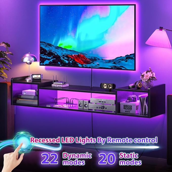 70.9"W Floating TV Stand with LED Lights & Power Outlets for 60 65 70 75 Inch TV Wall Mounted Entertainment Center with Storage for Living Room Wood Media Console Shelf Black TV Shelf Wood for Bedroom - Image 3