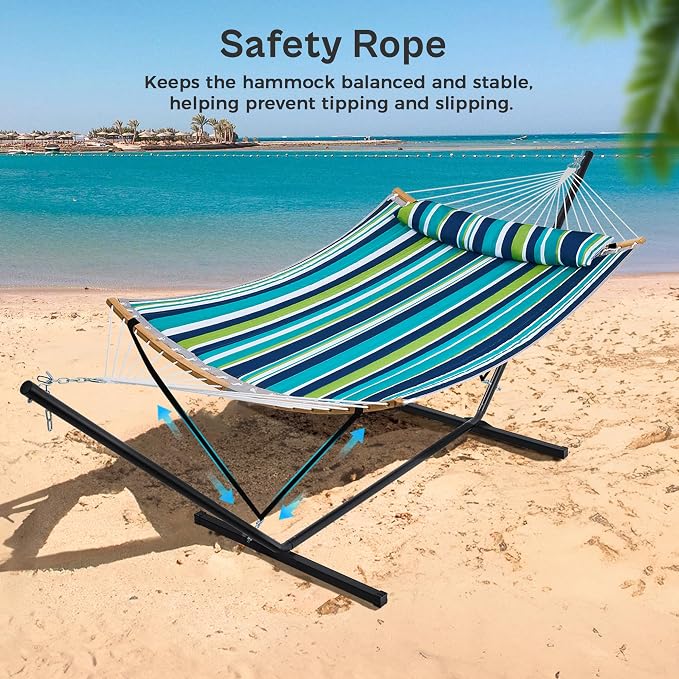 SUPERJARE Hammock with Stand, 2 Person Heavy Duty Hammock with Padded Cotton, Detachable Pillow & Strong Curved-Bar & Portable Carrying Bag, Perfect for Outdoor & Indoor - Dark Cyan - Image 5
