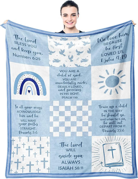 Baptism Gifts for Boys, Baptismal Gift Blanket 40"x50", Christian Present, Religious Bible Goddaughter/Godson Catholic Gift Ideas Throw Blankets, Baptism Favors Christening Gift for Boy