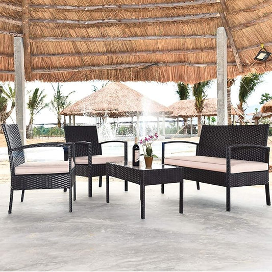 4 Pieces Patio Furniture Set, Wicker Conversation Set with Water-Resistant Cushion & Tempered Glass Table, Porch Deck Furniture Outdoor Rattan Chair for Backyard, Balcony(Beige)