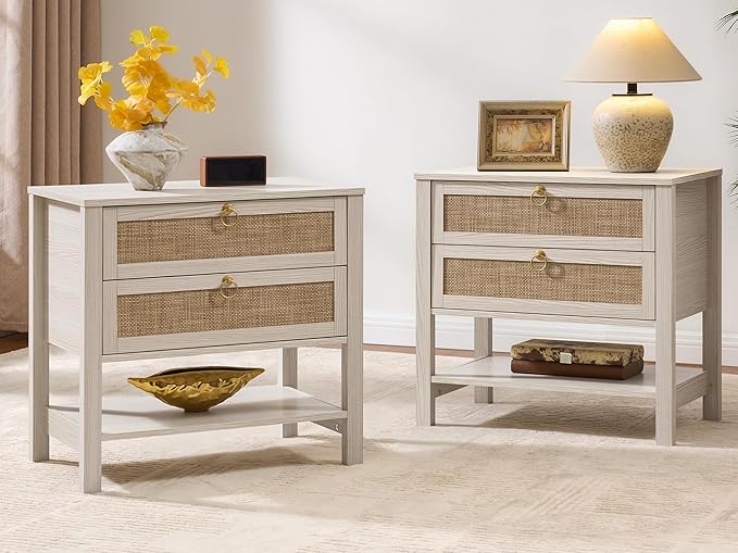 SICOTAS Boho Rattan Nightstand Set of 2, 26.7" Extra Wide Bedside Table with 2 Drawers & Open Shelf, White Oak Large Side Table for King Size Bed, Modern Coastal End Table for Master Bedroom by SICOTAS