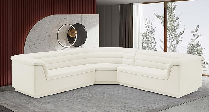Meridian Furniture 194Cream-Sectional Cascade Collection Modern | Contemporary Modular Sectional with Soft Cream Velvet Fabric, Deep Channel Tufting, Curved Arms, 148" W x 80" D x 28" H, Cream
