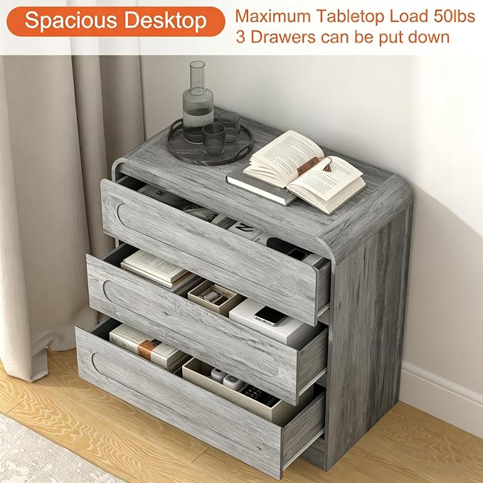32" Large Night Stand Set of 2, 3 Drawer Nightstand with Spacious Drawers, Pre-Installed Slides, Wood Bedside Table, Modern End Table, Curved Nightstand for Bedroom Sofa Couch Office, Grey - Image 4