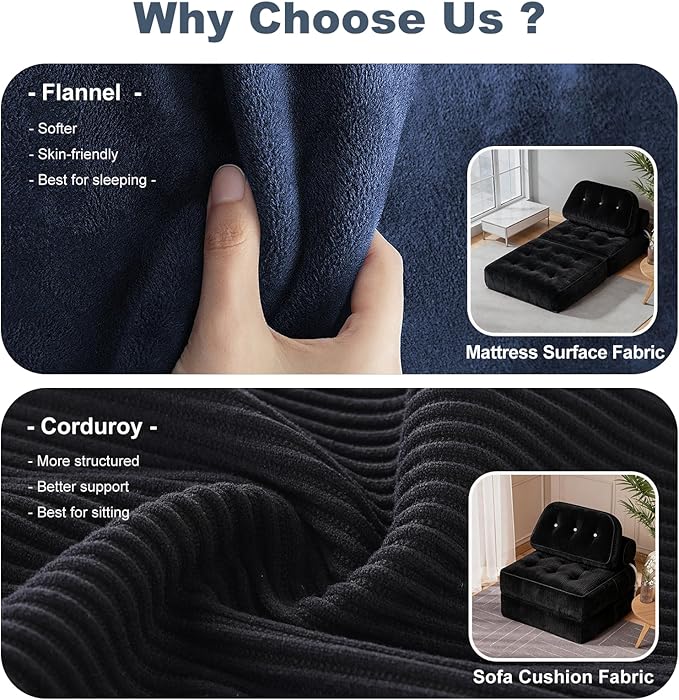 Folding Sofa Bed, Flannel Futon Couch Bed with Pillow and Blanket, Convertible Sleeper Chair for Small Space Apartment Guest Room, Black