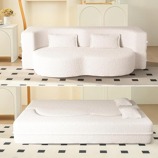 78" Convertible Sofa Bed, 2-in-1 Folding Floor Couch with 2 Pillows, Sleeper Sofa for Living Room and Bedroom, No Assembly Required (Beige, Teddy Fabric)