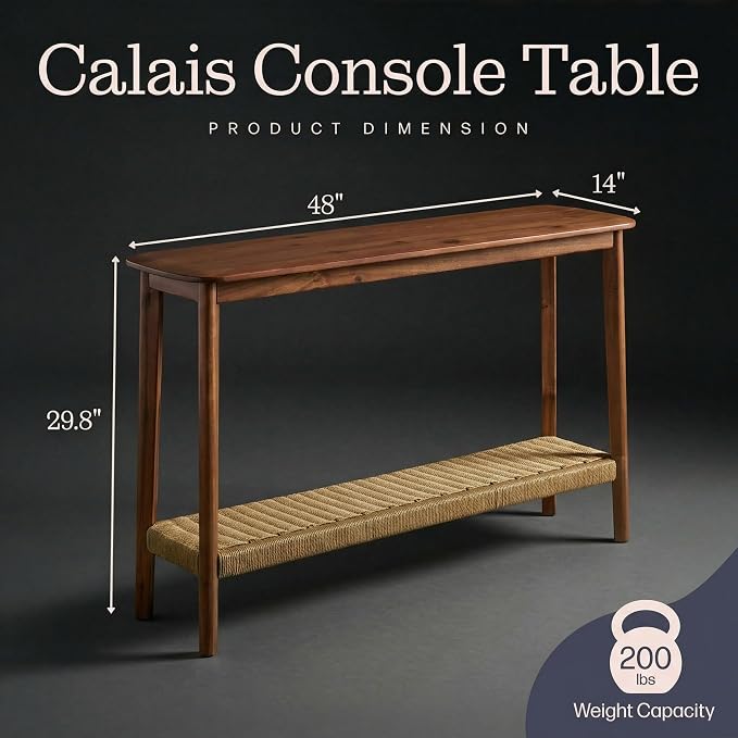 Alaterre Furniture Calais 48 Inch Solid Wood Entryway Table with Woven Storage Shelf – Mid Century Modern 2-Tier Sofa Table for Living Room, Hallway, or Foyer (Chestnut) - Image 3
