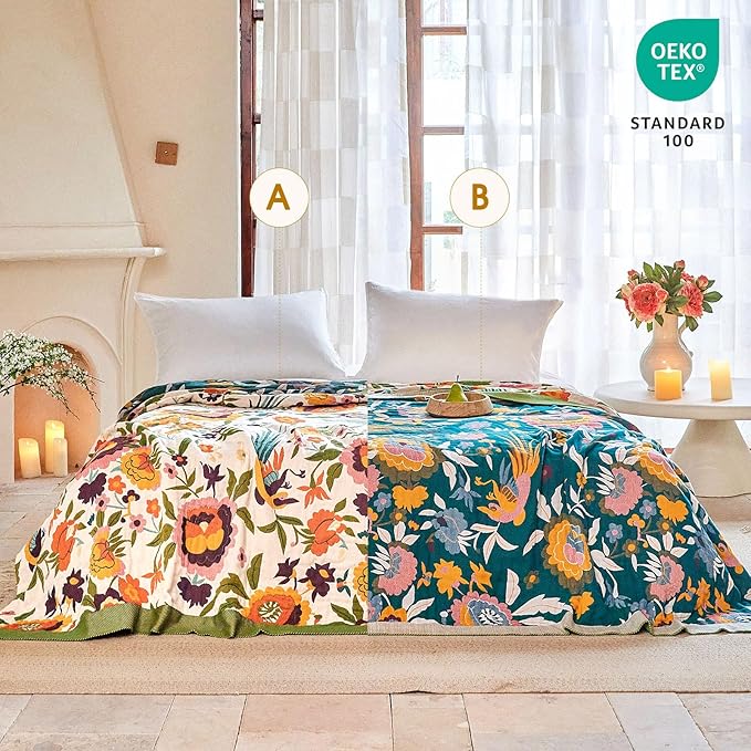 Boho Throw Blanket - 90"x90" 100% Cotton Ultra Soft Lightweight Blanket, 4-Layer Breathable Muslin Spring Blankets for Bed Couch, Reversible Green Floral Bird Printed Bohemian Cotton Quilt
