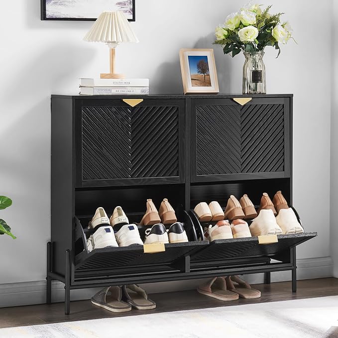 Shoe Cabinet Storage with 4 Flip Drawers, Narrow Hidden Shoes Organizer Cabinet for Entryway, Freestanding Slim Shoe Rack Front Door Entrance(Black) - Image 4