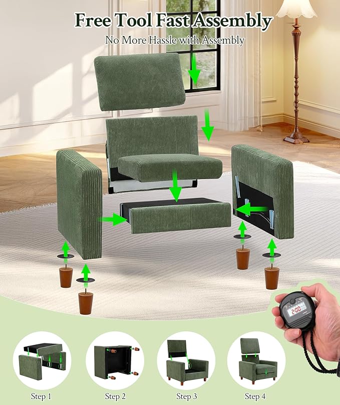 35.3" Couches for Living Room, Comfy Green Couch Single with 22.5" Deeper Seat, Accent Chair Tool-Free Setup, Reading Chair 440lbs Support, Corduroy Couch for Bedroom, Apartment, Office