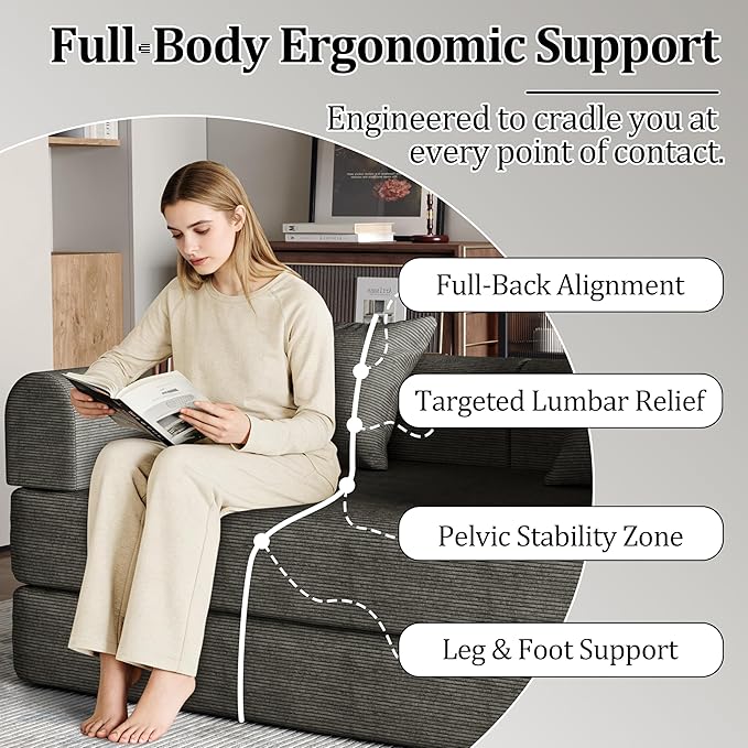 53.15'' Convertible Compressed Corduroy Folding Cloud Sofa Bed, Modern Boneless Pull Out Loveseat Sleeper in a Box, 4 in 1 Floor Mattress Futon Cloud Couch, No Assembly Needed, Grey, 2 Pillows, Full